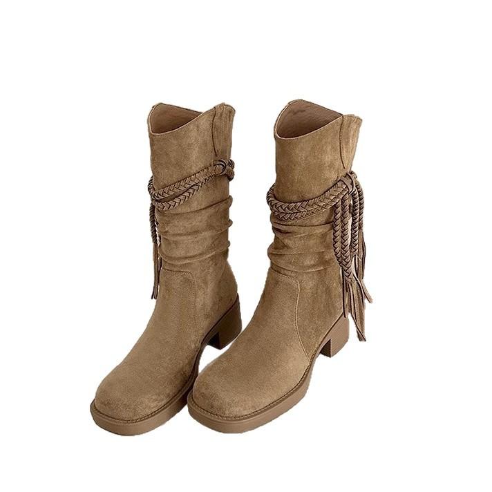 2025 Frühling und Herbst Retro Ödland Wind Fransen Ritterstiefel Dicker Absatz Aber Kniehohe Stiefel Schaftstiefel für Damen