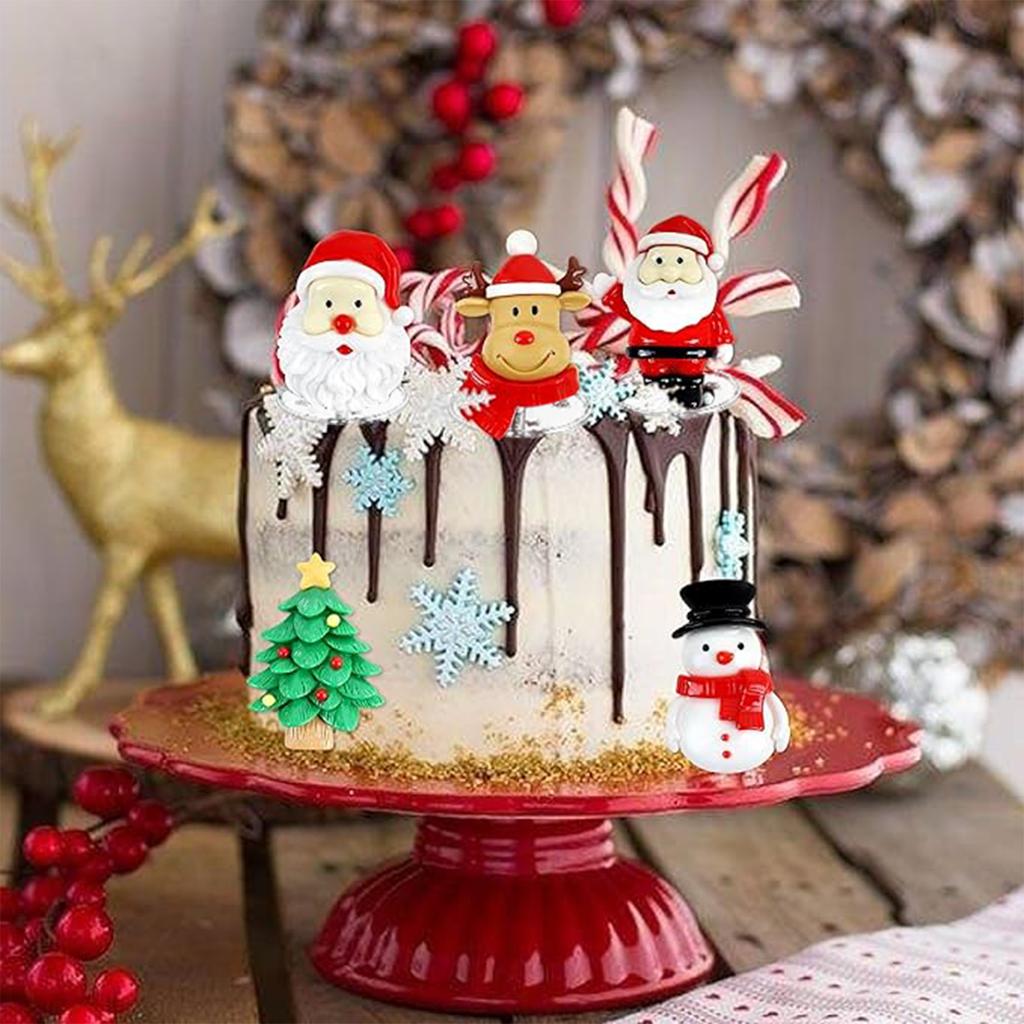 10pcs Resin 2D Christmas Cake Toppers Merry Christmas Santa Claus Tree Deer Cupcake Picks for Xmas Party Decor Supplies
