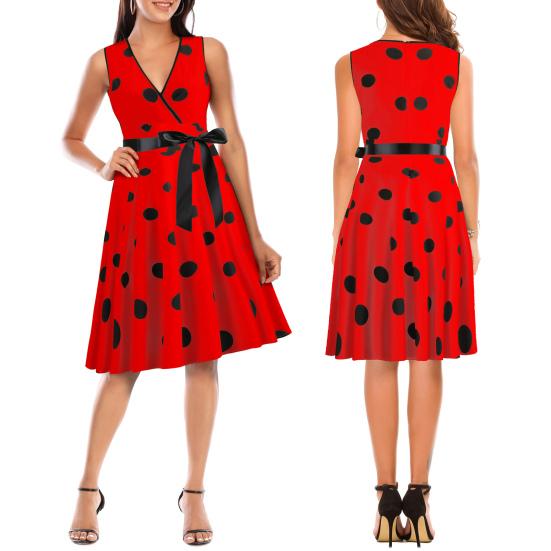 Women Evening Dress Vintage Contrast Color Dot Print Bow Waist A-line Big Swing Slim Wasit Sleeveless Backless V Neck Princess Style Midi Dress
