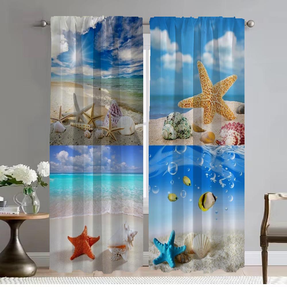 

Пляжный пейзаж Ракушки Морская звезда Шторы для гостиной Шторная перегородка Жалюзи Домашние интерьерные шторы 2 штуки Кухня Детская W50xH70cmx2pcs-CL