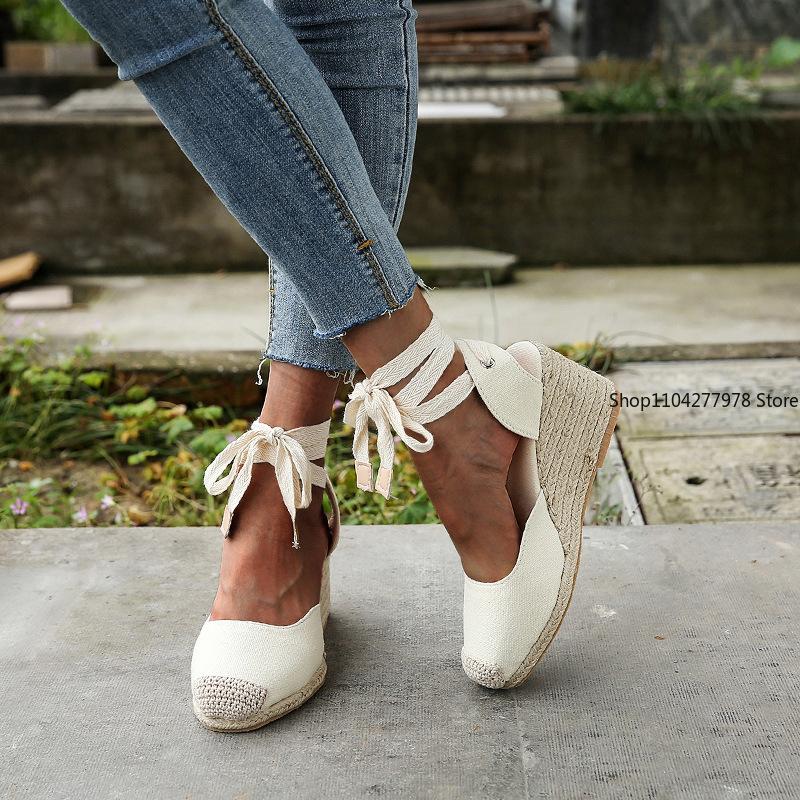 Fashion 2025 Women's Espadrille Ankle Strap Sandals Comfortable Slippers Ladies Womens Casual Shoes Breathable Flax Hemp Canvas Pumps