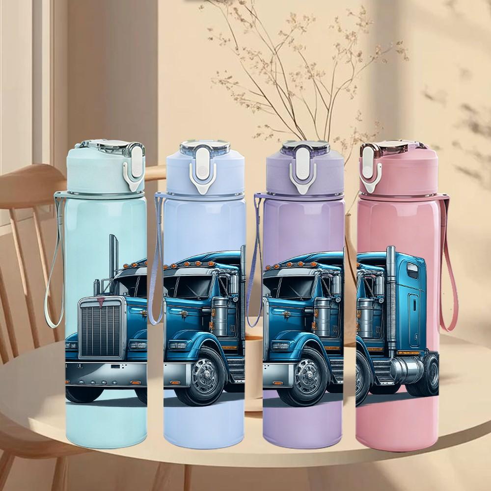 1PC Heavy Duty Truck Art Print 750ml Color Plastic Sports Water Bottle Leakproof Flip Straw Lid Suitable for Sports Office Home Use
