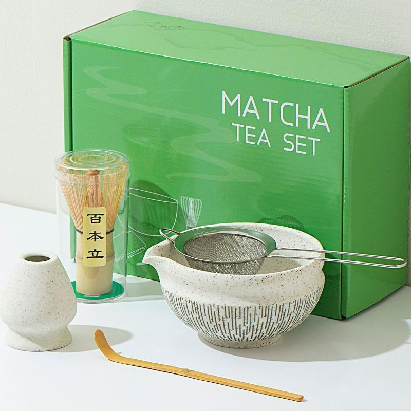 5/7pcs Japanese Matcha Ceramic Tea Set Whisk Ceramic Bowl Bamboo Scoop Sifter Spoon Tea Towel Whisk Holder Matcha Kit Tea Lovers