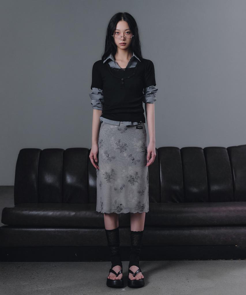 Geulouhaideu Dane Lace Button Short Sleeve T-Shirt_Black