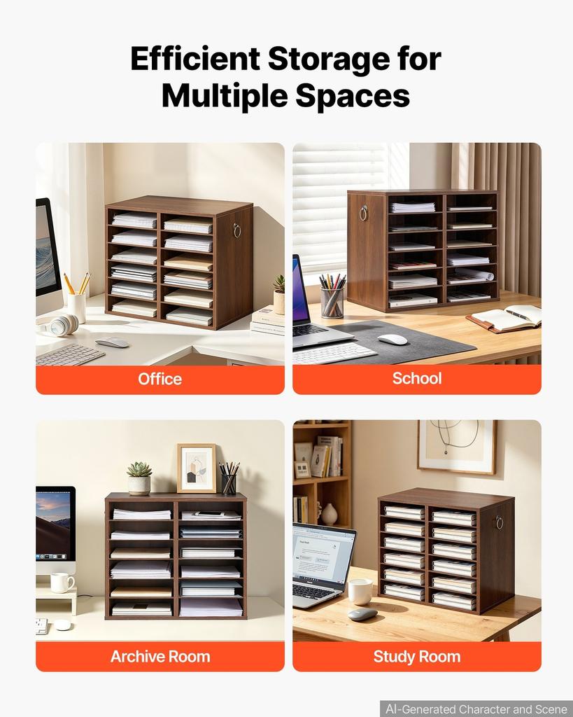 Wood Literature Organizer 12 Compartments Office Mailboxes Brown, Countertop Literature Sorter for Files Documents Papers, with Adjustable Shelves,