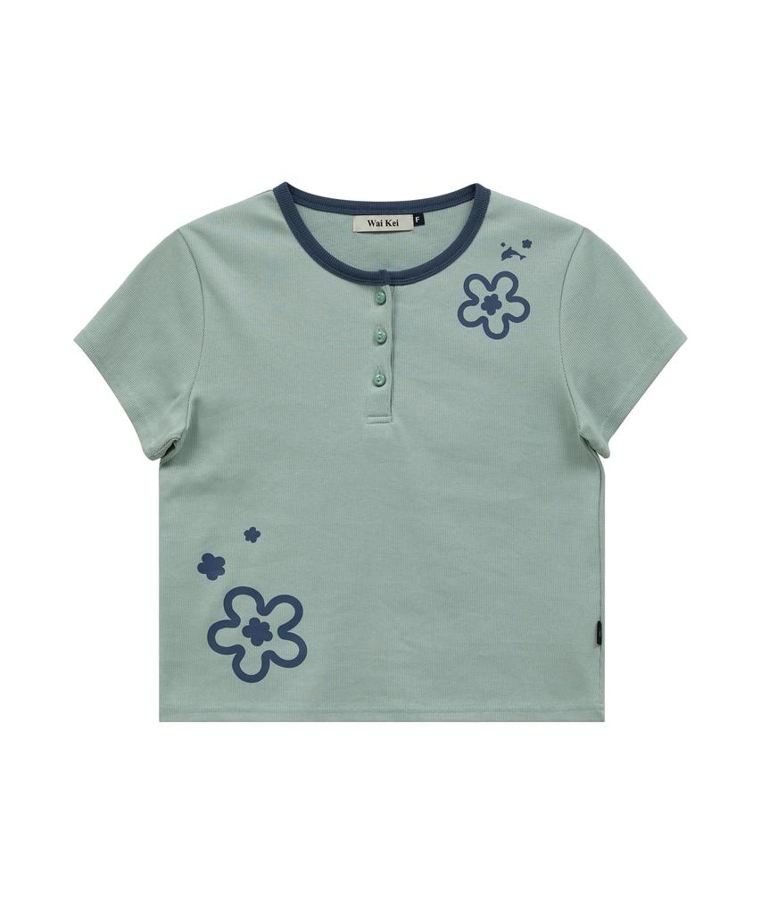 WAIKEI Flower Henley Neck Short Sleeve T-Shirt Mint