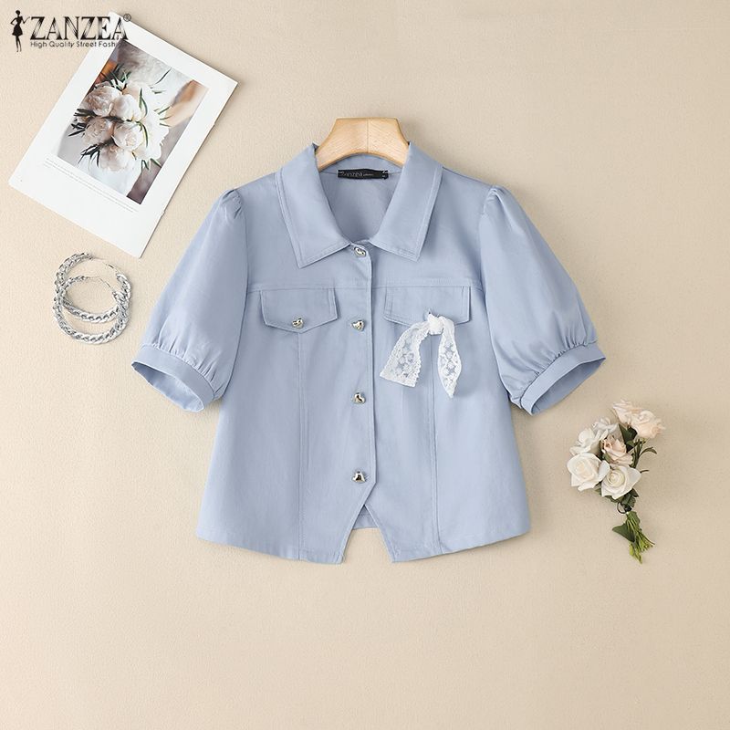 ZANZEA Women Turn Down Collar Casual Short Sleeve Lace Bow Cropped Blouse