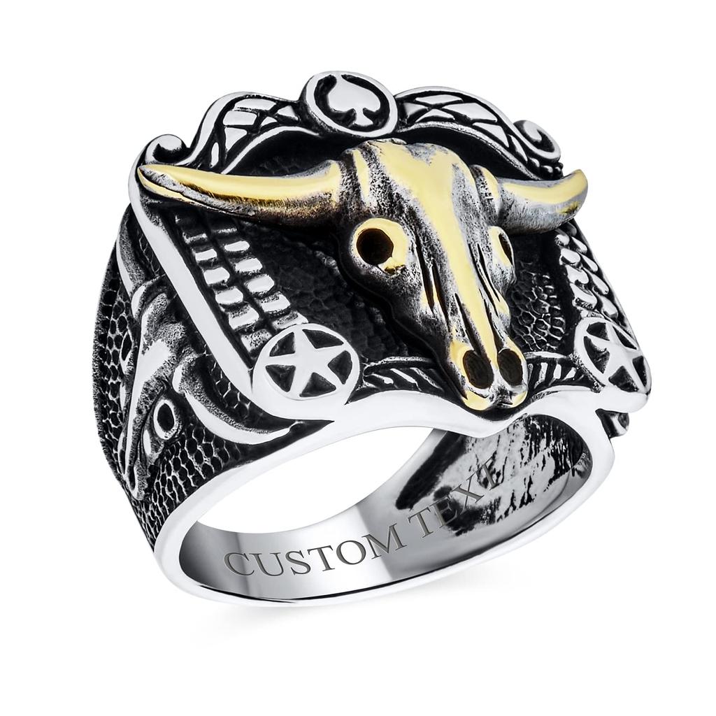 Black Texture Animal Buffalo Cow Skull Antelope Goat Big Western Jewelry Texas Longhorn Skull Signet Ring Two Tone Sterling Silver "Personalized Men's