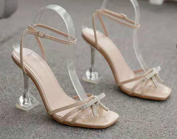 

Summer new European and American fashion bow high-heeled women s shoes rhinestone buckle decoration square head wine glass and sandals 43 хакі