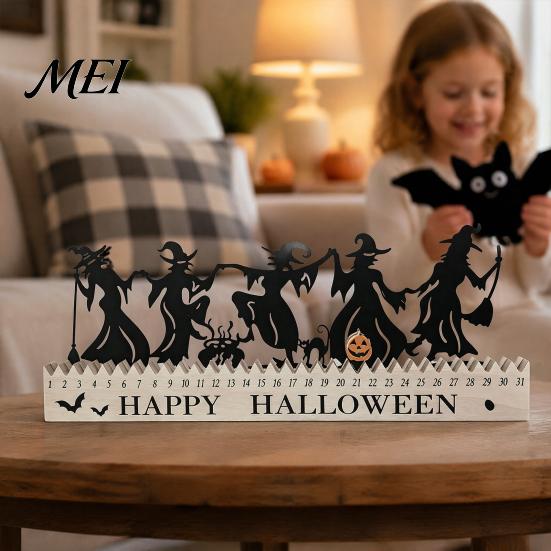 Halloween Gift for Kids Wooden Countdown Calendar, Dancing Witch 31 Day Timer with Advent Calendar Sliding Pumpkin, Spooky Silhouette Tabletop