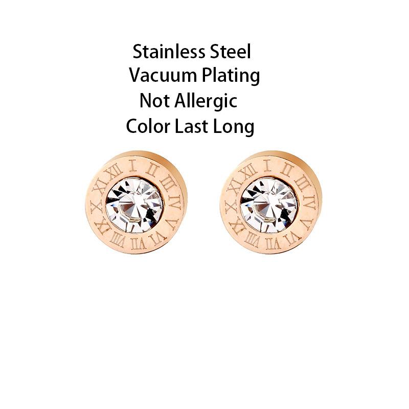 Trendy Geometric Circular Zircon Crystal Roman Numerals Stud Earrings for Women Vintage Style Stainless Steel Earring Jewelry