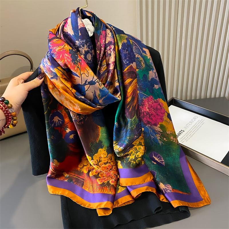 New summer sunscreen silk scarf female beauty brocade print extended shawl with decorative mother scarf beach scarf 180*90cm