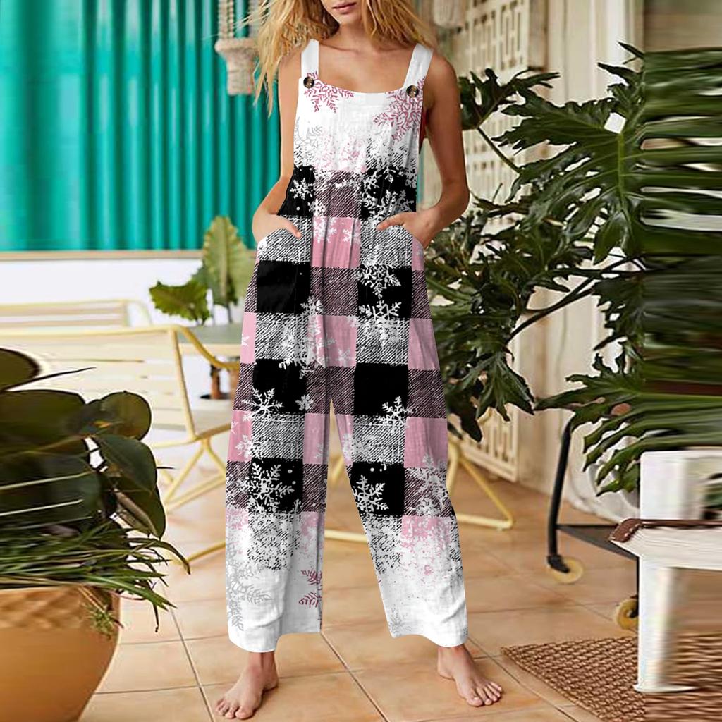 Women's Casual Jumpsuit Sleeveless Christmas Printed Cotton Jumpsuit