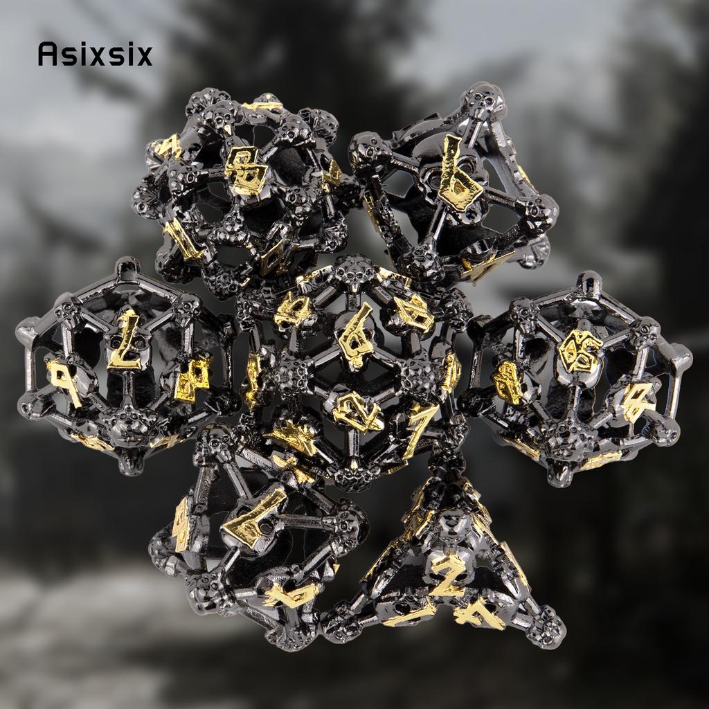 7 Pcs Black Yellow Skull Head Metal Dice Hollow Metal Polyhedral Dice Set Suitable for Role-Playing RPG  Board Game Card Game