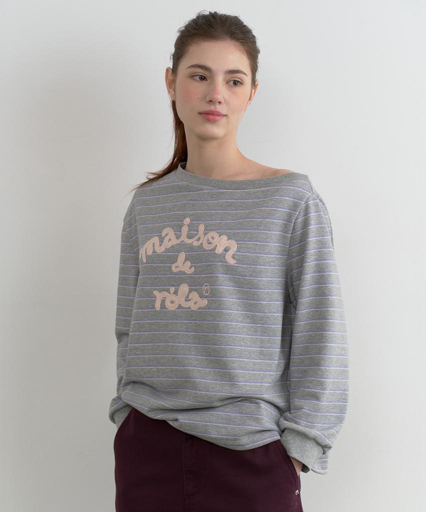 ROLAROLA Maison De Rola Embroidery Off Shoulder Stripe Sweatshirt Gray
