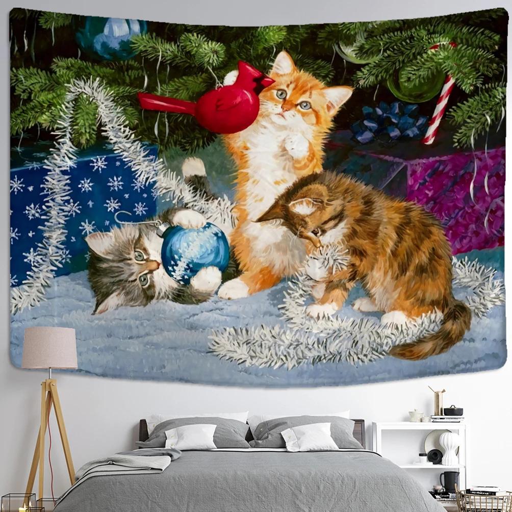 New Year Christmas Decoration Snow House Nature Cat Tapestry Kawaii Decor Wall Hanging Psychedelic Hippie Aesthetic Home Decor