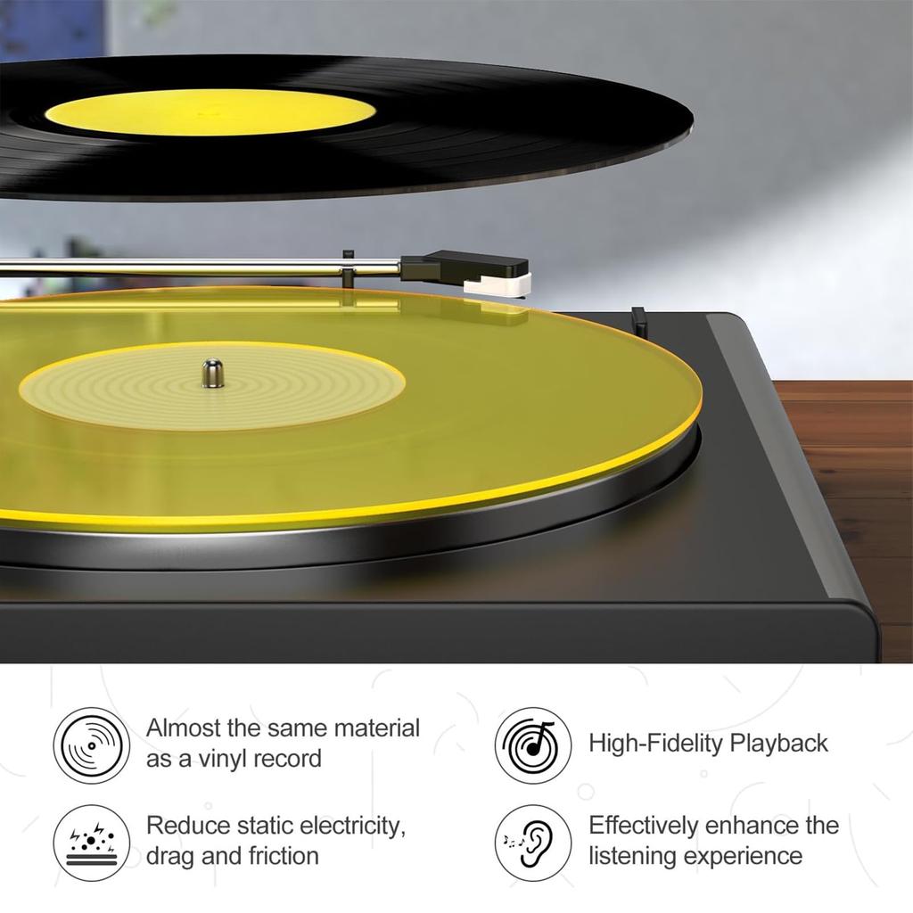 Acrylic Turntable Record Player Slipmat for LP Record Low Noise Platter with Glossy for Record Players Mat, Players, Mat, Effect, 12-inch (Yellow)
