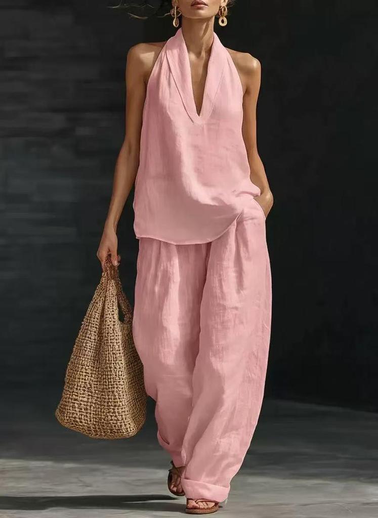 2026 European & American Style Women's Sleeveless Casual Suit: Summer Two-Piece Set with Loose Drop Shoulder Top & Wide-Leg Pants