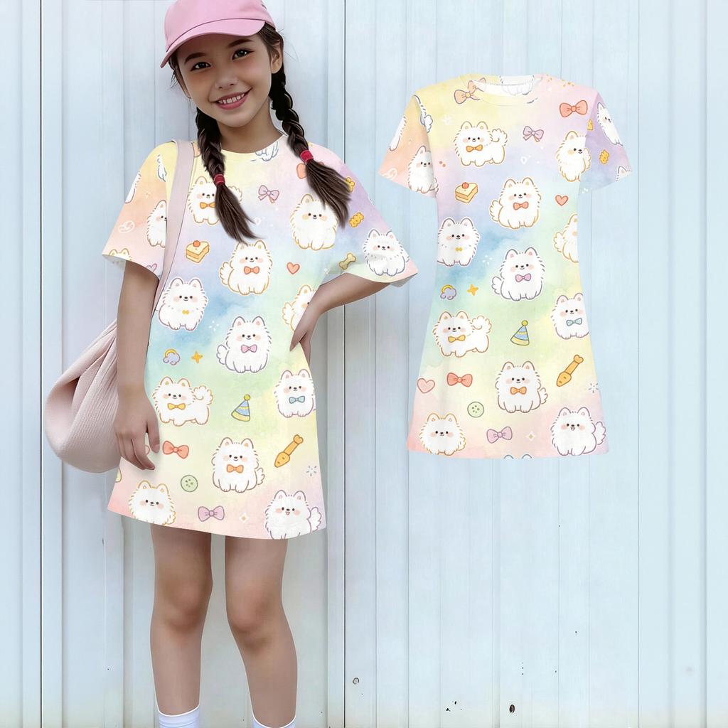 Girls Loose Fit Short Sleeve Dress Animal Print Lightweight Casual Round Neck Summer Dress for Kids