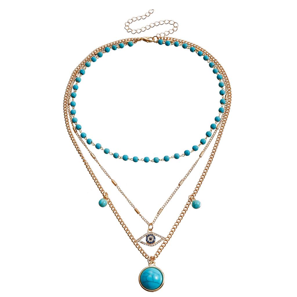 Retro ethnic style turquoise collarbone necklace, simple metal eyes stacked necklace