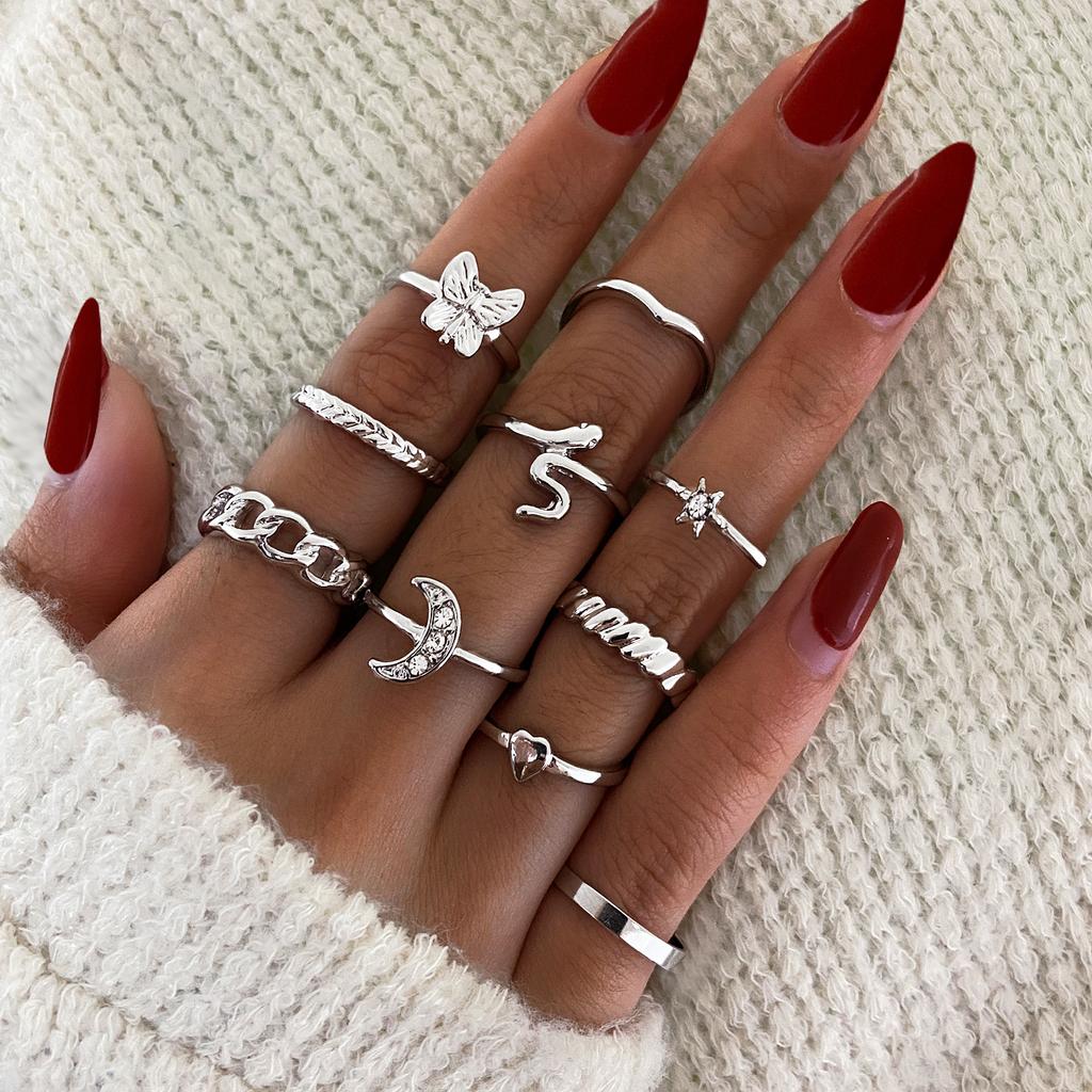 Vintage Star Moon Metal Hollow Ring Set 10Pcs for Women Female INS Fashion Punk Street Party Adjustable Zircon Accessories Gift