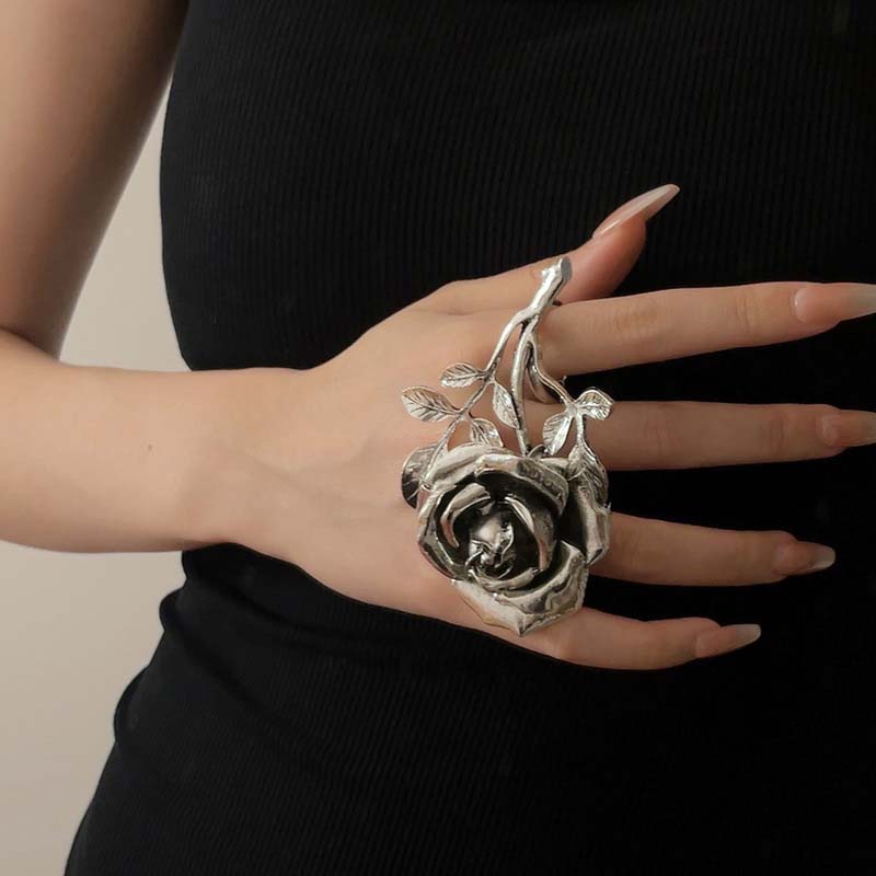 Exaggerated Metal Large Rose Flower Open Rings for Women Vintage Copper Color Double Finger Ring Party Zircon Gifts 2024 New