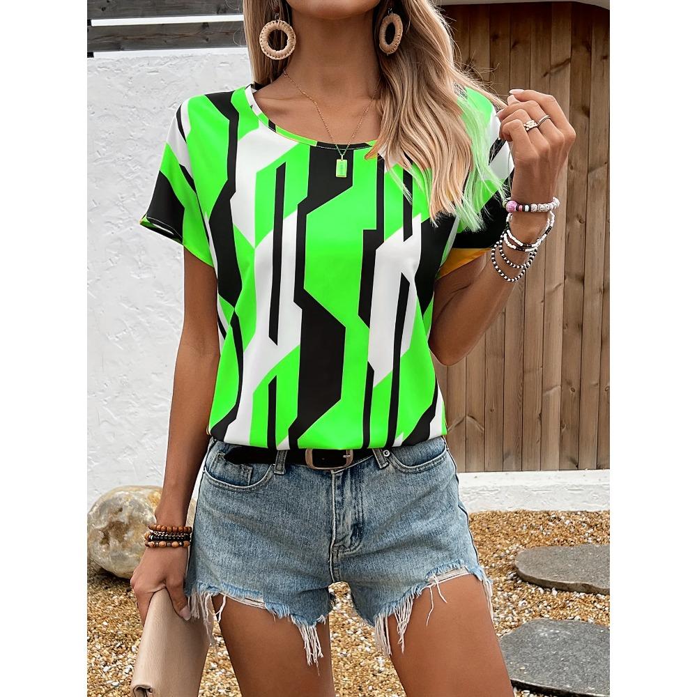T-Shirt Damen Sommer Freizeit elegant Temperament Rundhals Kurzarm geometrisches Muster Top locker lässige Kleidung Damen T-Shirt