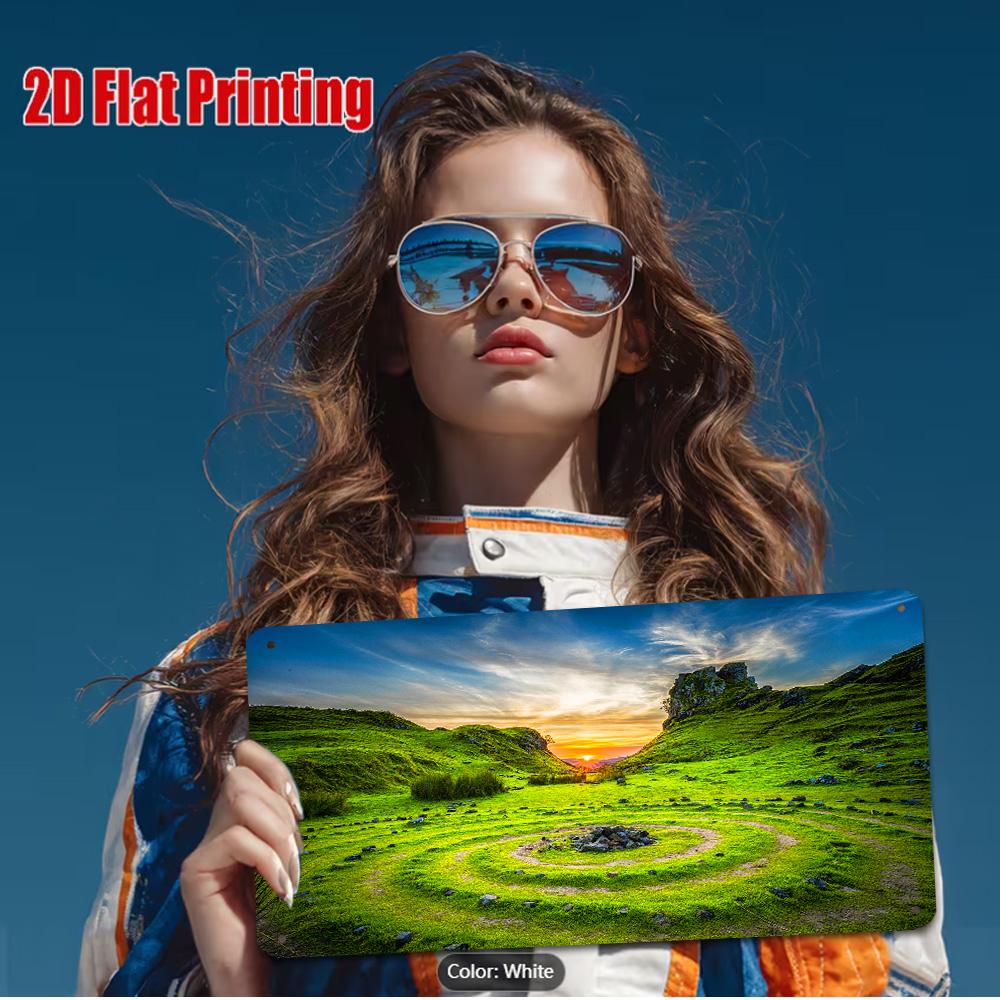 HD Metal Tin Sign Lush Green Hill Valley Circular Stone Pattern Sunset Scenery Wall Decor 15x30cm(5.9x7.8inch)
