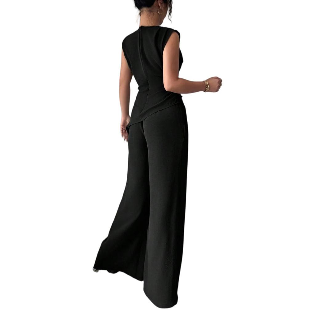 Women's 2-Piece Fashionable Casual Sleeveless Asymmetric Top And Wide-Leg Pants Set