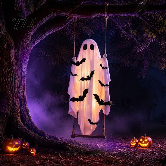 Halloween Hanging Swing Ghost Large Decoration, Light Up Spooky Swinging Courtyard Decorations with 3D Bats for Front Porch, Yard, Garden, Tree