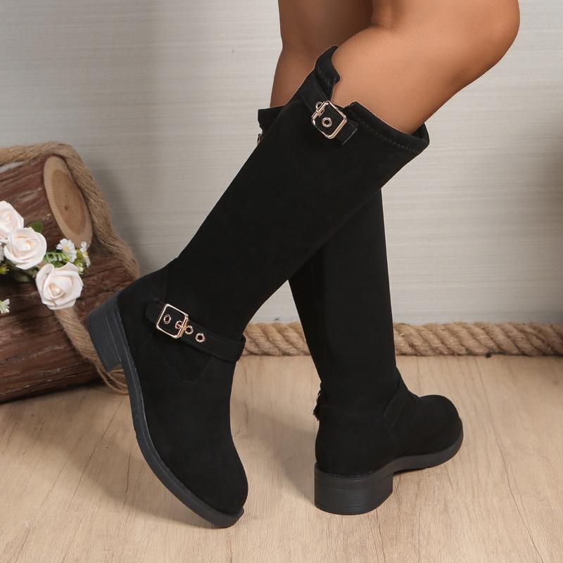 French Vintage Tall Boots Winter New Round Toe Suede Buckle Soft Sole Non-slip Block Heel Boots