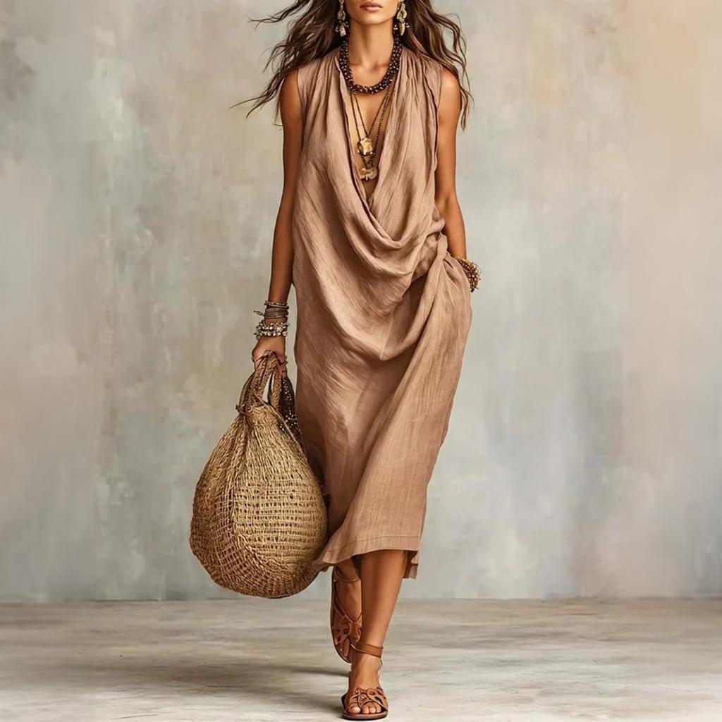 Abito midi da donna casual, vestibilità ampia, girocollo, cotone e lino, senza maniche, stile rilassato da vacanza, abito estivo