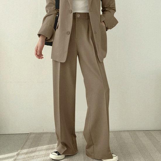 Blazer monopetto a maniche lunghe con risvolto casual da donna Tasche a vita alta Pantaloni dritti a gamba larga Abbigliamento da lavoro da ufficio