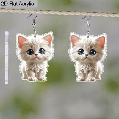 2D Flat Cat Dangle Earrings for Women Cute Cartoon Animal Drop Dangling Earrings Acrylic White Cat Flower Earrings Hallowmas Jewelry