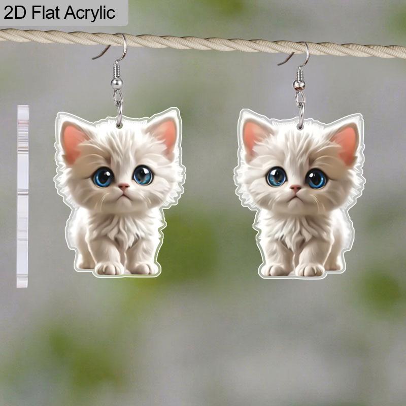 2D Flat Cat Dangle Earrings for Women Cute Cartoon Animal Drop Dangling Earrings Acrylic White Cat Flower Earrings Hallowmas Jewelry
