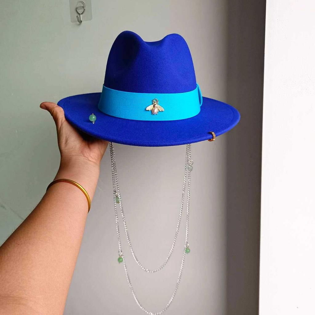 Double Chain Strap Hat Flat Top Fedora French Women's Autumn and Winter Women's Wide Brim Hat  Sombrero Hombre