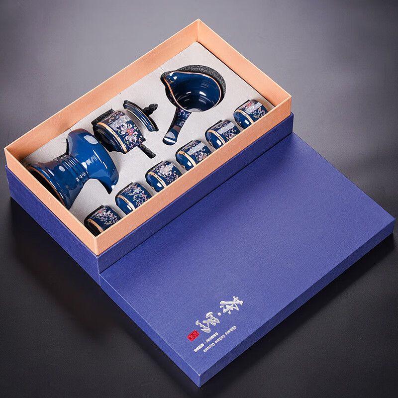 Blue and White Porcelain Kung Fu Tea Set with Automatic Teapot