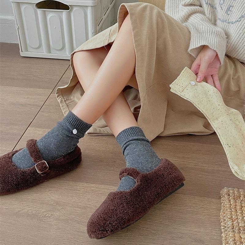 Colorful Polka Dot Yarn Shell Decorated Socks for Women, Spring and Autumn, Candy-colored Mid-calf Socks, Solid Color Sweet Pile Socks