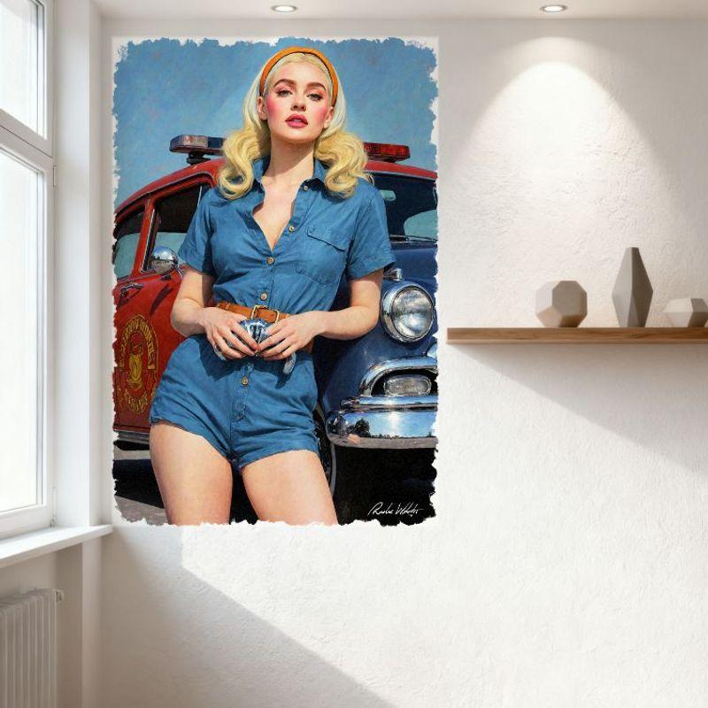 Sexy Retro Pin-Up Blonde Woman Fire Truck Metal Tin Sign Vintage Mid-Century Firefighting Wall Decor for Bar Pub Home Cafe 8x12