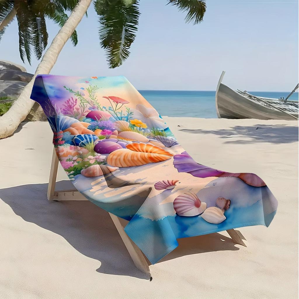 Marine Shell Flower Pattern Polyester Microfiber Beach Towel Is Highly Absorbent, Suitable for Swimming and Beach Outings