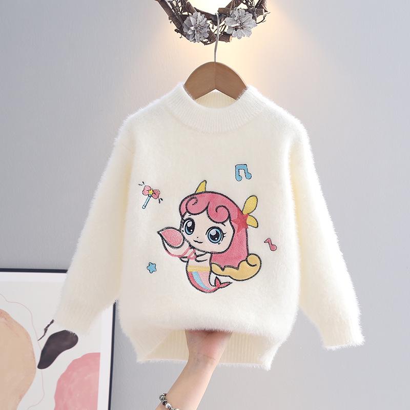 Girls' Mink Velvet Knitted Pullover Sweater - Thickened and Fashionable for Autumn/Winter
