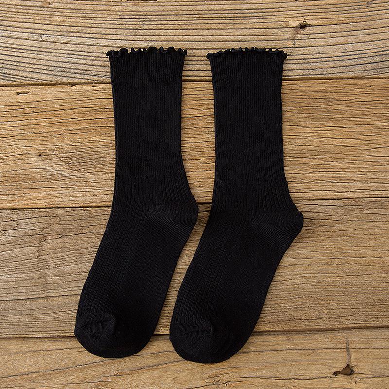Cotton Breathable Women Socks Harajuku Retro Streetwear Solid Black White Socks Women Japanese Kawaii Cute Frily Ruffle Socks