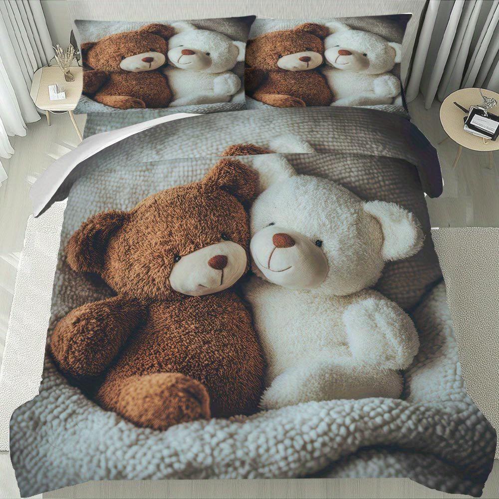Lifesmells 2/3Pcs Teddy Bear Duvet Cover Set Teddy Bear Bed Cover Set Cozy Bedding Set Holiday Gift Idea For Merry Christmas