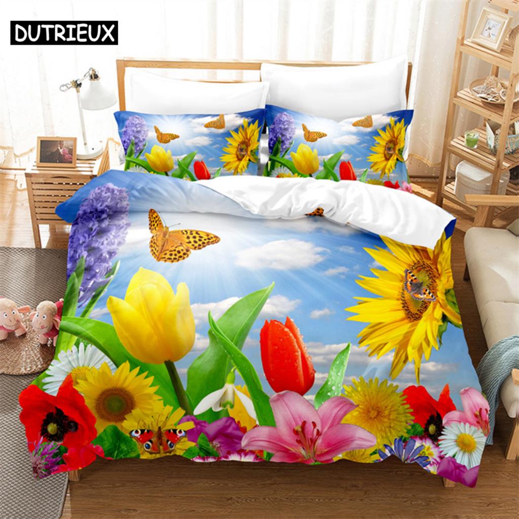 Floral Quilt Cover Queen Size Sunflower Duvet Cover 3D Bedding Set 3Pcs 2Pcs With Pillowcase King Full Twin Single Double Beds