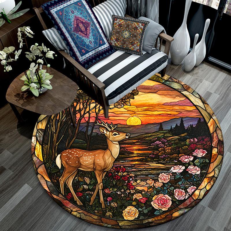 Deer Sunset Round Area Rug,Carpet Rug for Living Room Bedroom Sofa Playroom Decor,Non-slip Floor Mat