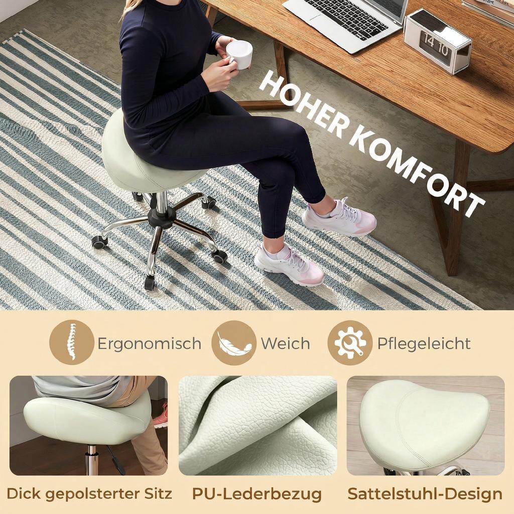 Saddle Stool, Height-Adjustable Rolling Chair with PU Leather for Massage, Spa, Clinic, Beauty and Tattoo, Cream White