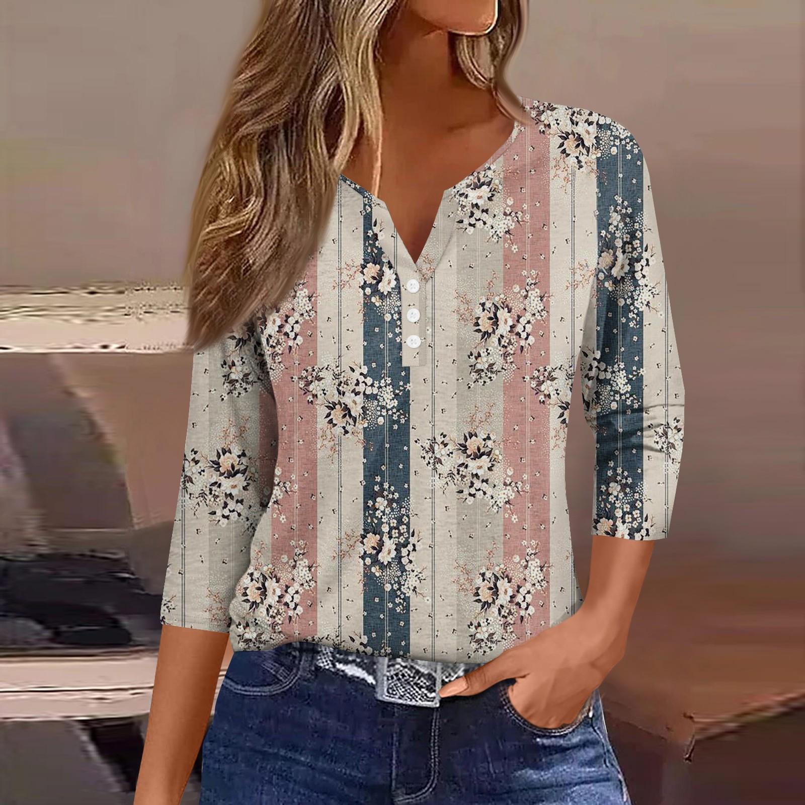 Жен. Футболка Футболка С принтом Пуговицы Рукав 3/4Ежедневно Выходные Мода Классический — фото 6