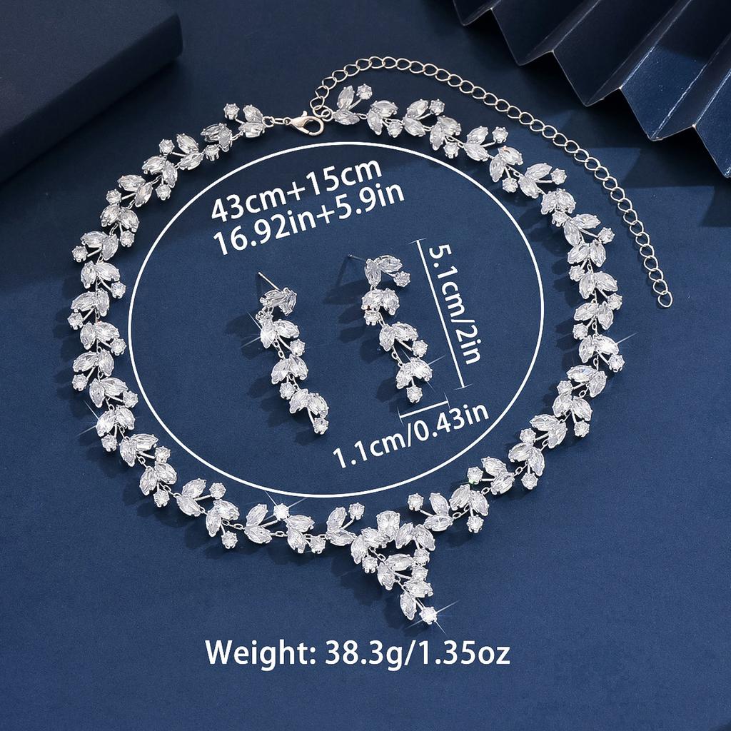 3PC Women's Fashion Zircon Series Copper Leaf Necklace Earrings Zircon Set Wedding Party Festival Gift-8570