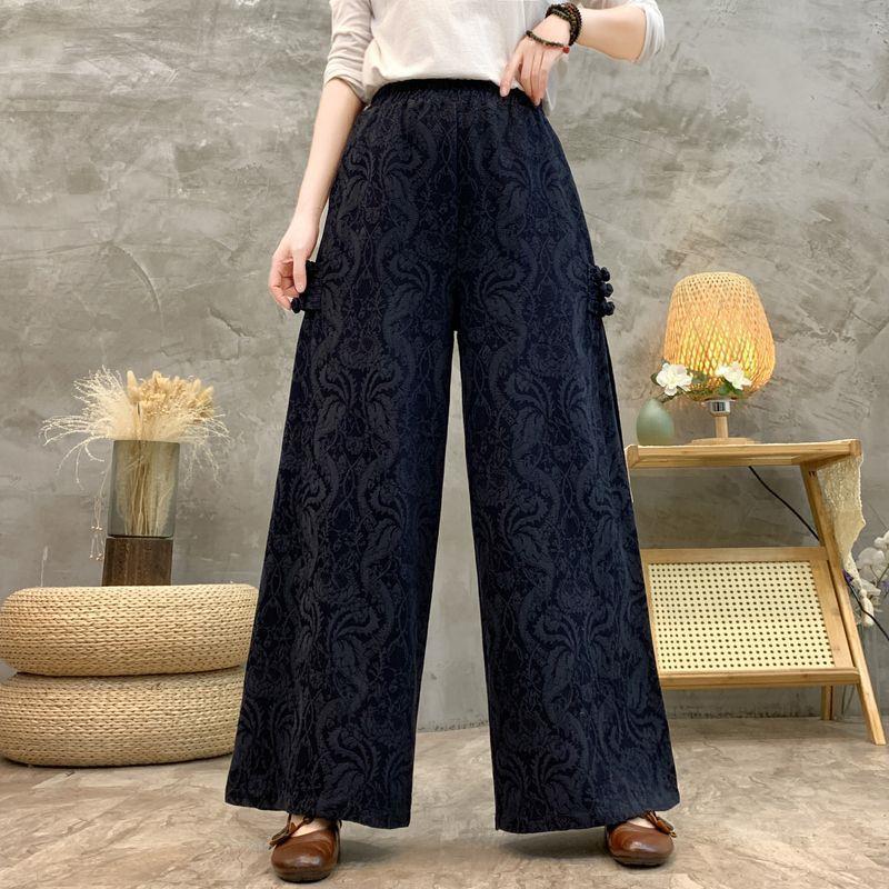 

Women s Ethnic Retro Wide-Leg Cotton and Linen Pants with Velvet - Casual, Loose, Pure Color, Chinese Style Jacquard, Plus Size Fashion. XL [80-130 jin]