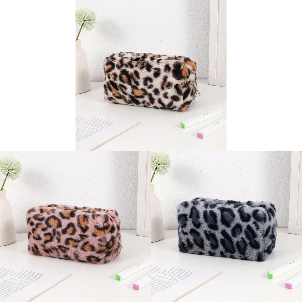 Plush Leopard Print Makeup Bag Large Capacity Travel Organizer For Women